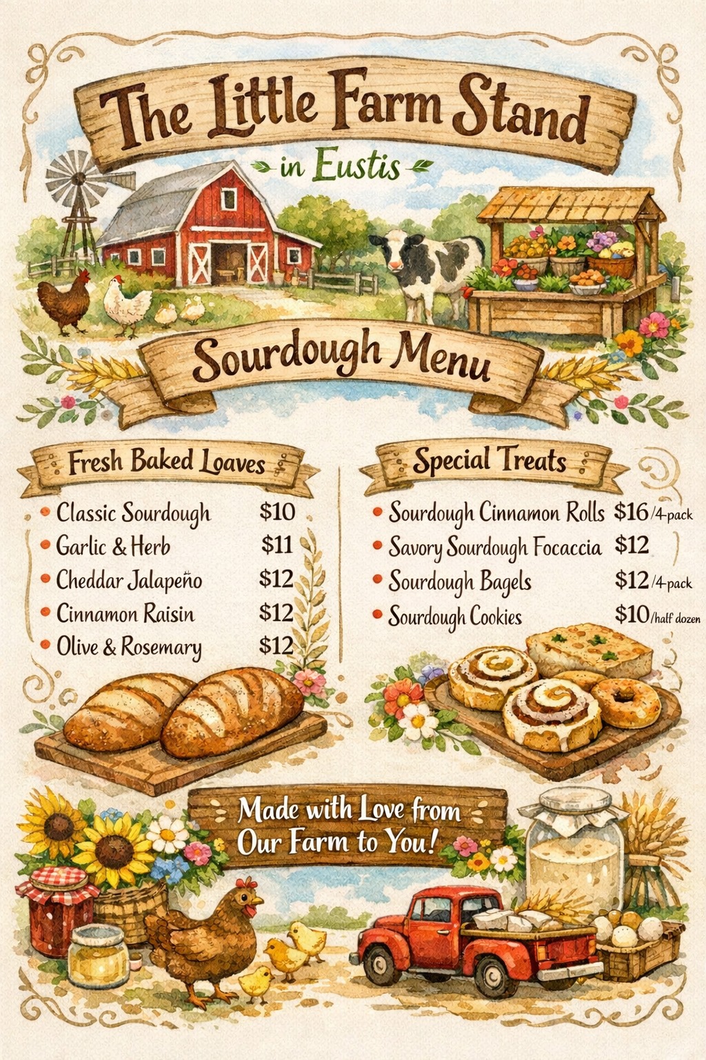 The Little Farm Stand in Eustis — sourdough menu with vintage farm illustration